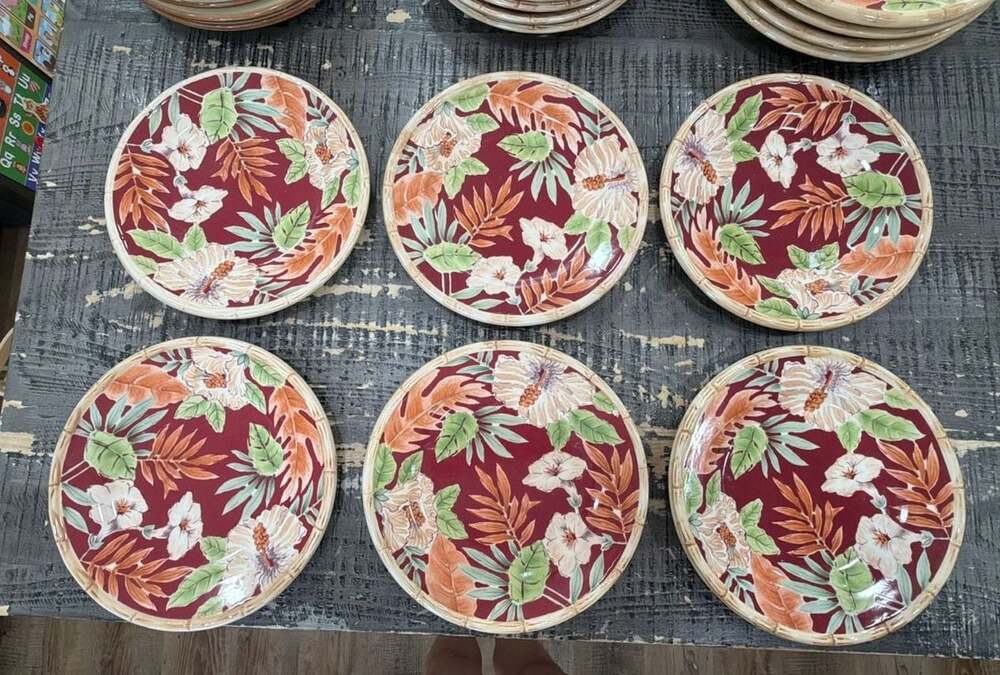 Home Trends Hibiscus Salad Plates Set of 6 with Bamboo Rim VTG 8.75